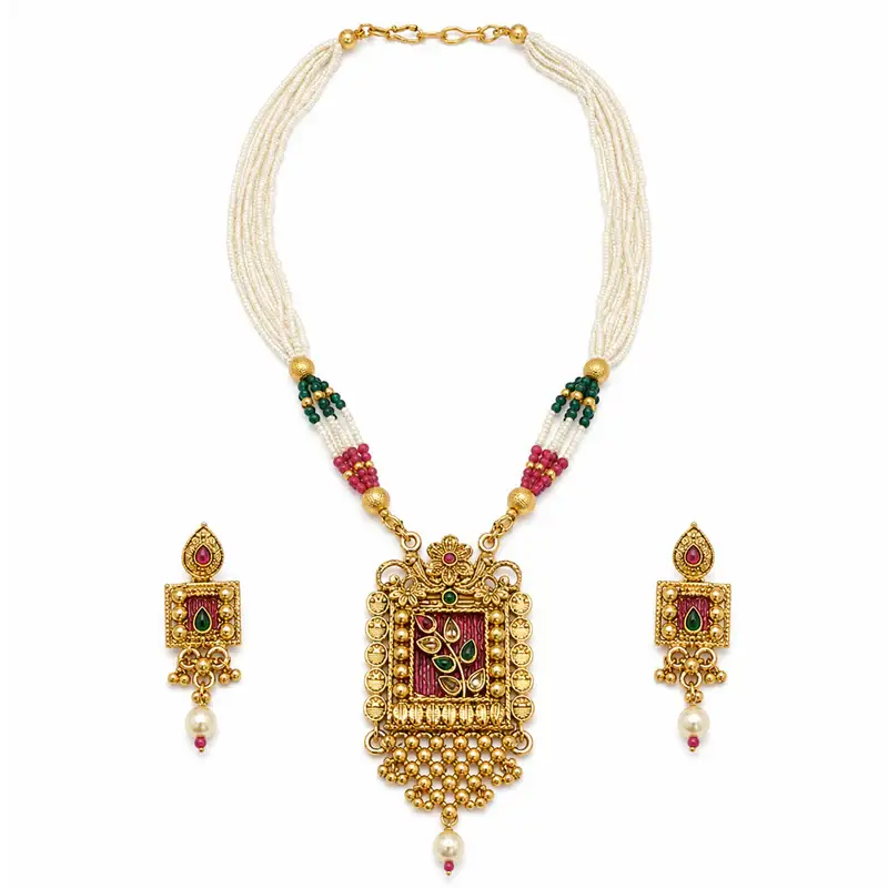 Gold Plated Ruby Enamel Necklace Set With Earrings For Women | Ethnic Jewellery : OSLFJ-005-IGRB-NKER