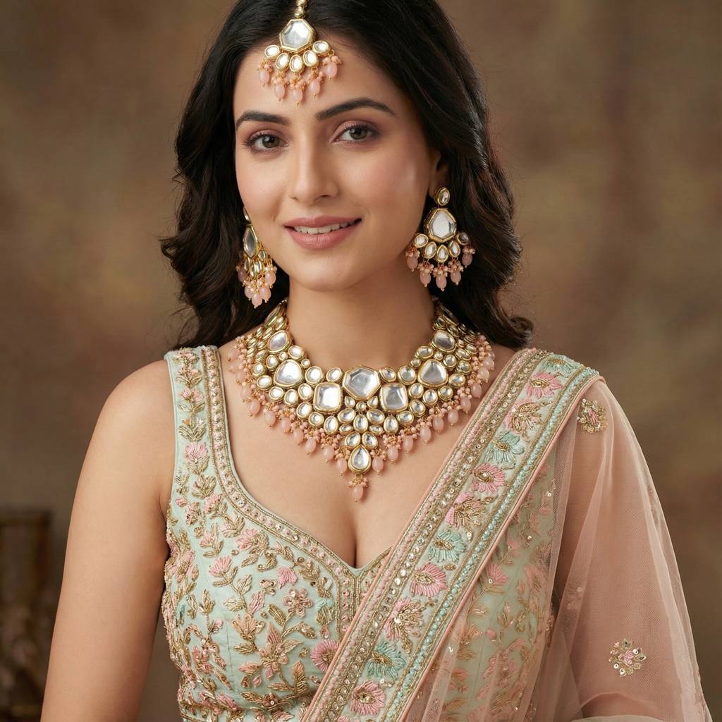 18 Kt Gold Plated Bridal & Semi-Bridal Necklace Set With Earrings & Maang Tikka : 3947-J5SK-1574-PH