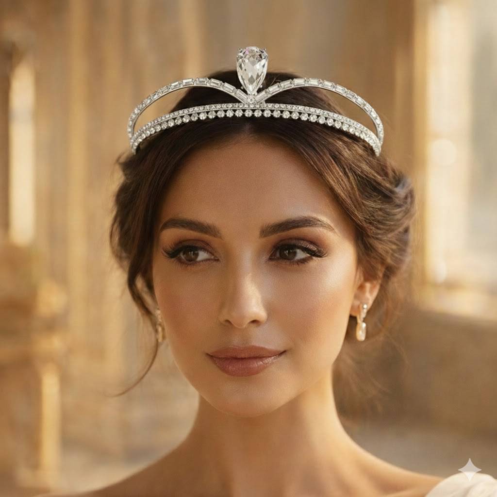 Silver Plated Cubic Zirconia Crystal Studded Sparkling Princess Tiara Crown Accessory Gift For Girls & Women : PX9CW10
