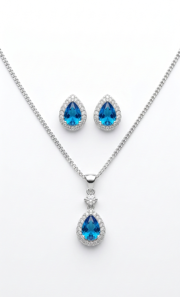 925 Sterling Silver Azure Teardrop Halo Jewelry Set With Chain : SMK-PD-SET-003-CHN
