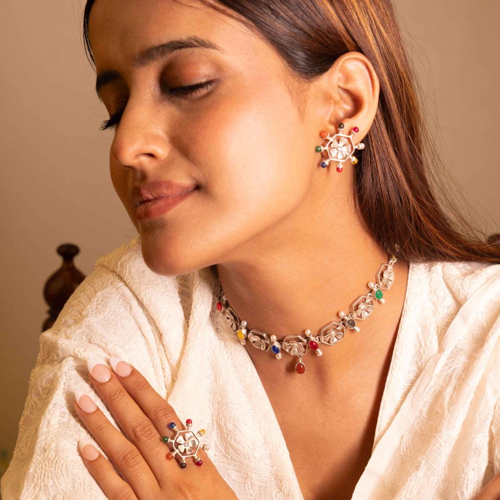Moh Navratan Floral Necklace Earring Ring Set : SNS1256