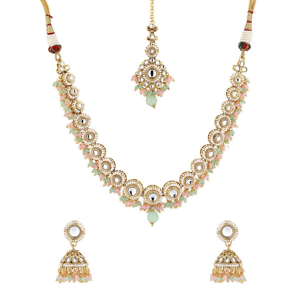 Kundan Opulance Light Pink Pearl-Beaded Circle Motif Yellow Gold-Plated Necklace Set : 8905124585346