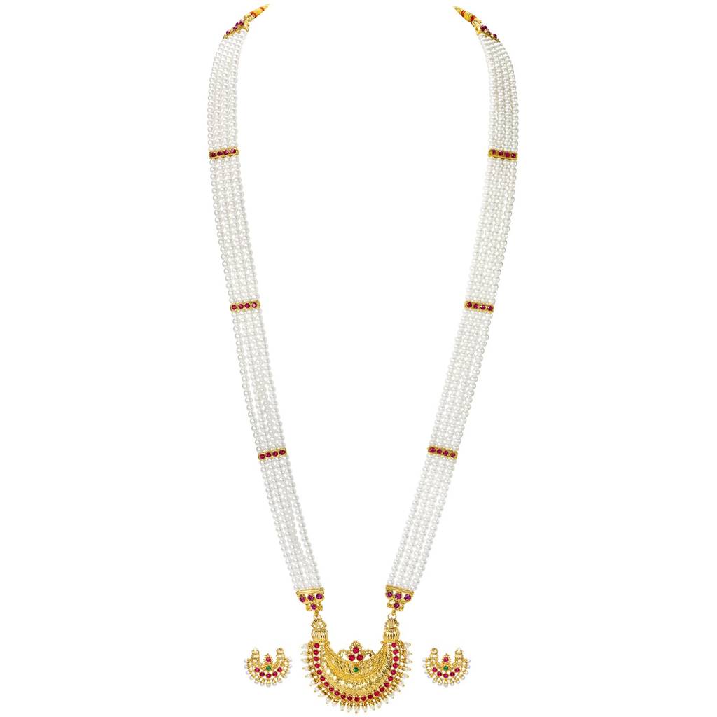 Gold Plated White Pink Long Necklace Earrings Set Jewellery For Women | Traditional Festive & Bridal Jewellery, A : PF04N21RPG