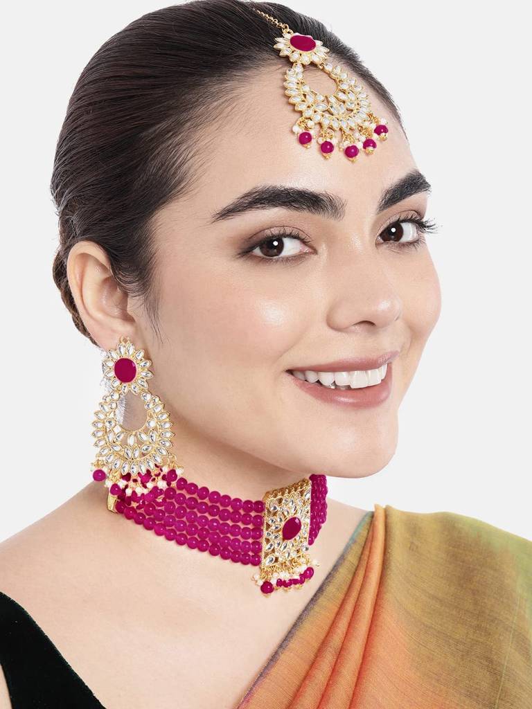 Gold Plated Jodha Akbar Kundan Rani Pink Faux Pearl Choker Necklace With Earring Maang Tikka Traditional Bridal  : PF24N2929RP