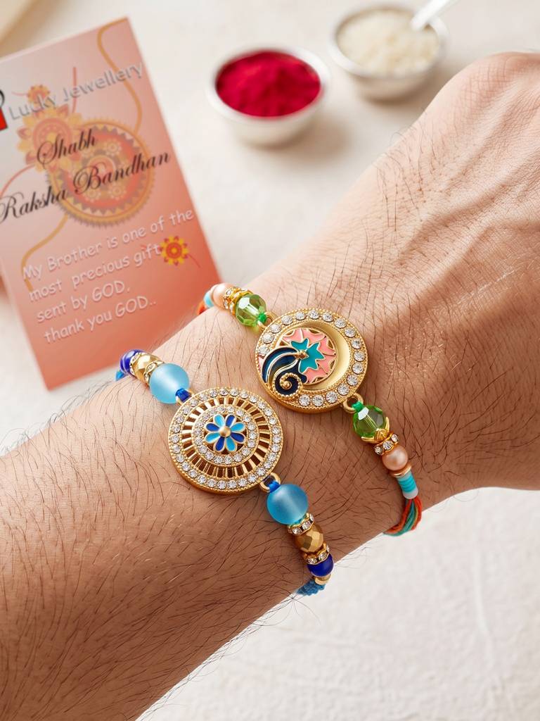 Lucky Jewellery Set Of 2 Rakhi With Peacock & Floral Pendants, Blue & Green Beads, Roli Chawal & Card (173-S : 173-S7R1-2317-2