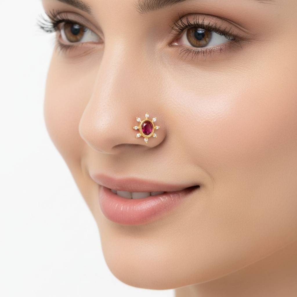 Red Cz Oval Sunburst Ethnic Nose Pin 925 Sterling Silver Gold Plated : NP-00200_RedCZ