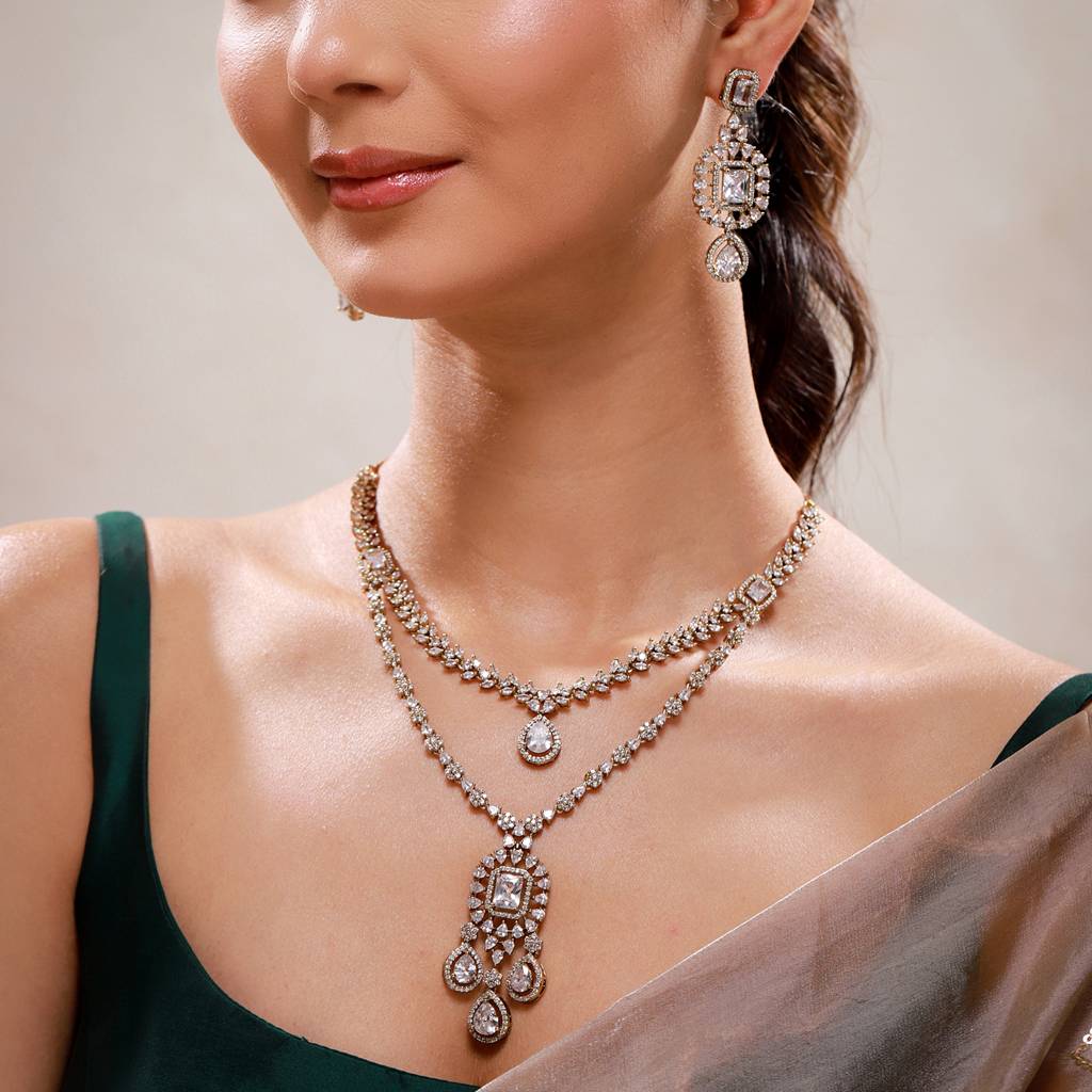 Sparkling Elegance Regal Cascade Cz Necklace Set For Women | Stylish Statement Mehendi Jewellery Set For Women : 8905124582963
