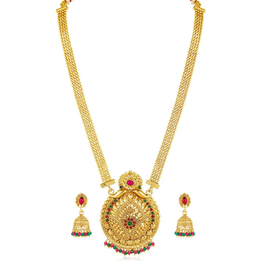 Gold Plated Rani Pink & Green Synthetic Stone Studded Long Maharani Haar Necklace & Jhumki Earrings Tradition : PF04NK10694RPG