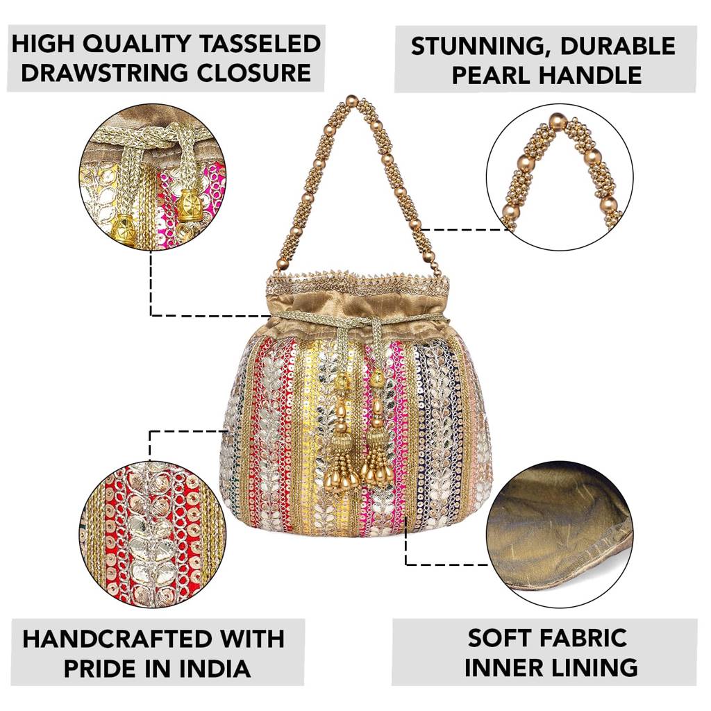 Brown Potli Purses For Women Handmade Evening Handbag Stylish Bridal Fashion Wristlet Bag For Girls (P173Br) : P173BR
