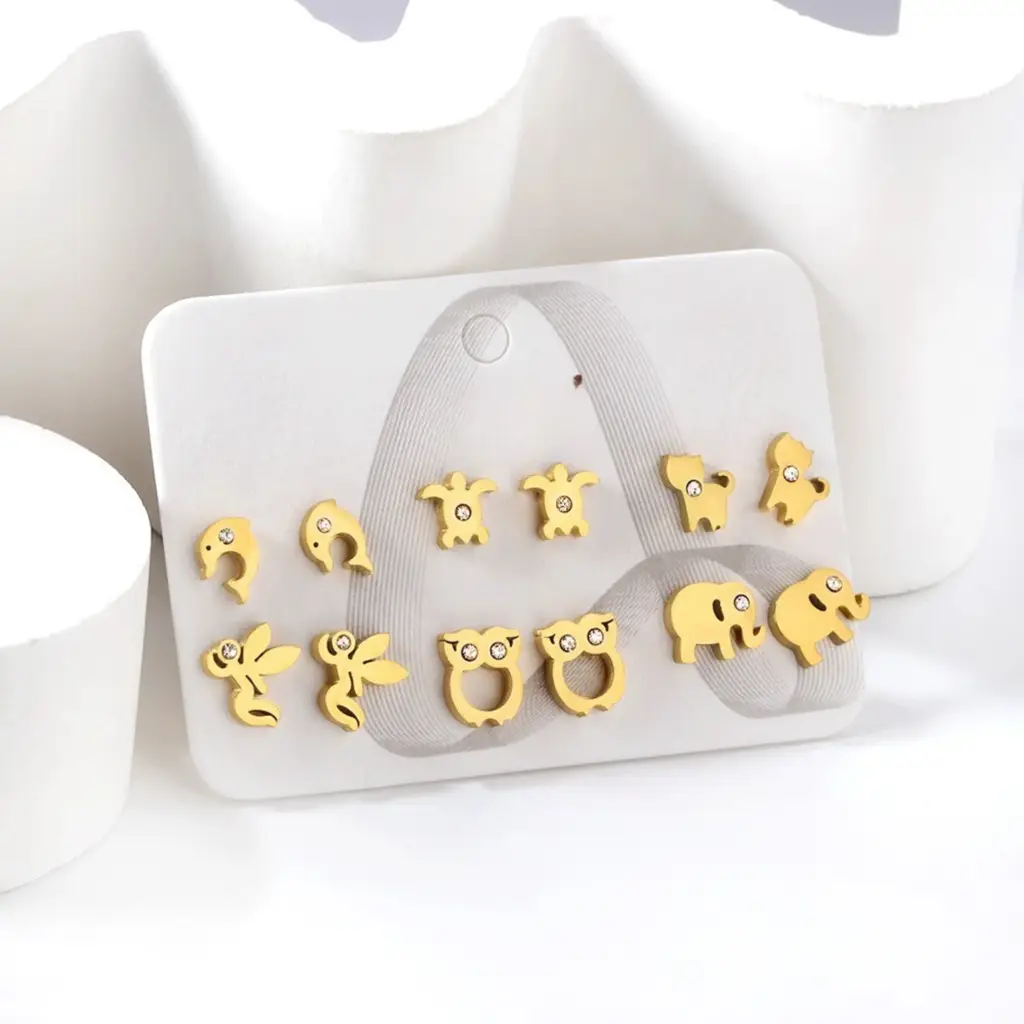 Cute Animals Sparkle 18K Gold Plated Earrings Set Of 6 : TWLK-JWLRY-ANMLSSET-PK12