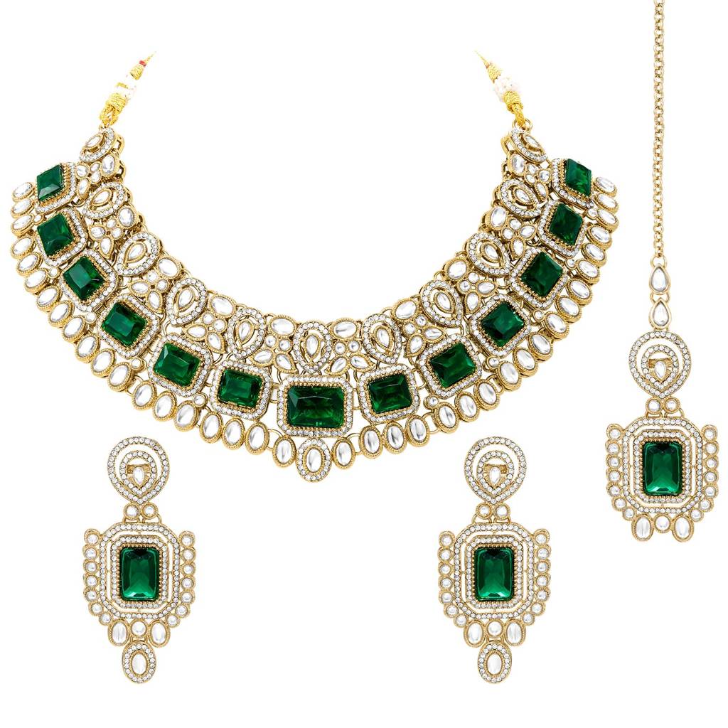 Green Crystal Studded Necklace Earring Maangtikka Set For Women : PF28N383GRN