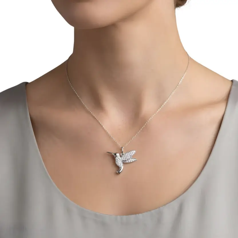 The Hovering Nectar Semi Silver Pendant Necklace : HMNGBRD-SM-C-W