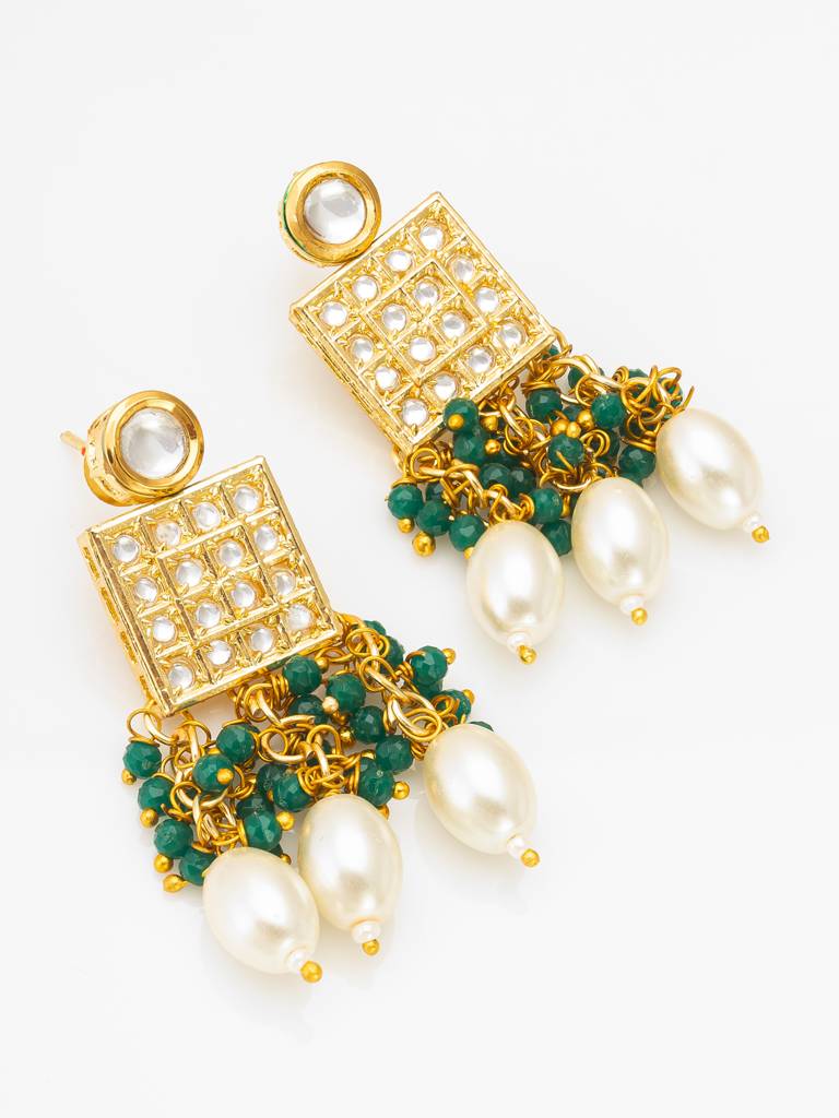 Kundan Pendant Long Necklace Set With Emerald Crystal Beads And Pearl Drops, Earrings Included : NK4241