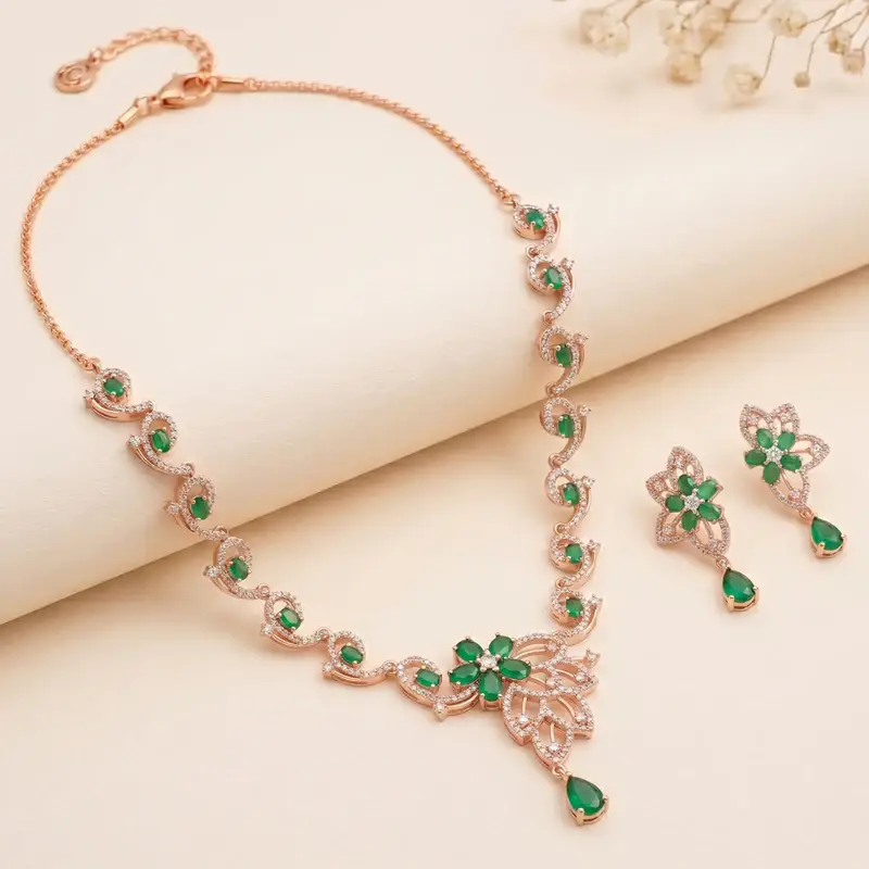 Cz Floral Statement Necklace Set | Grand Festive & Cocktail Jewellery : AD-937-RGGN-NKER