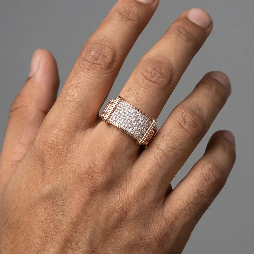 Round Brilliant Diamond Men'S Ring | Full Pavé Cluster Wide Band Design : RG-M-CC-38-WH-Silver925-LabD-9