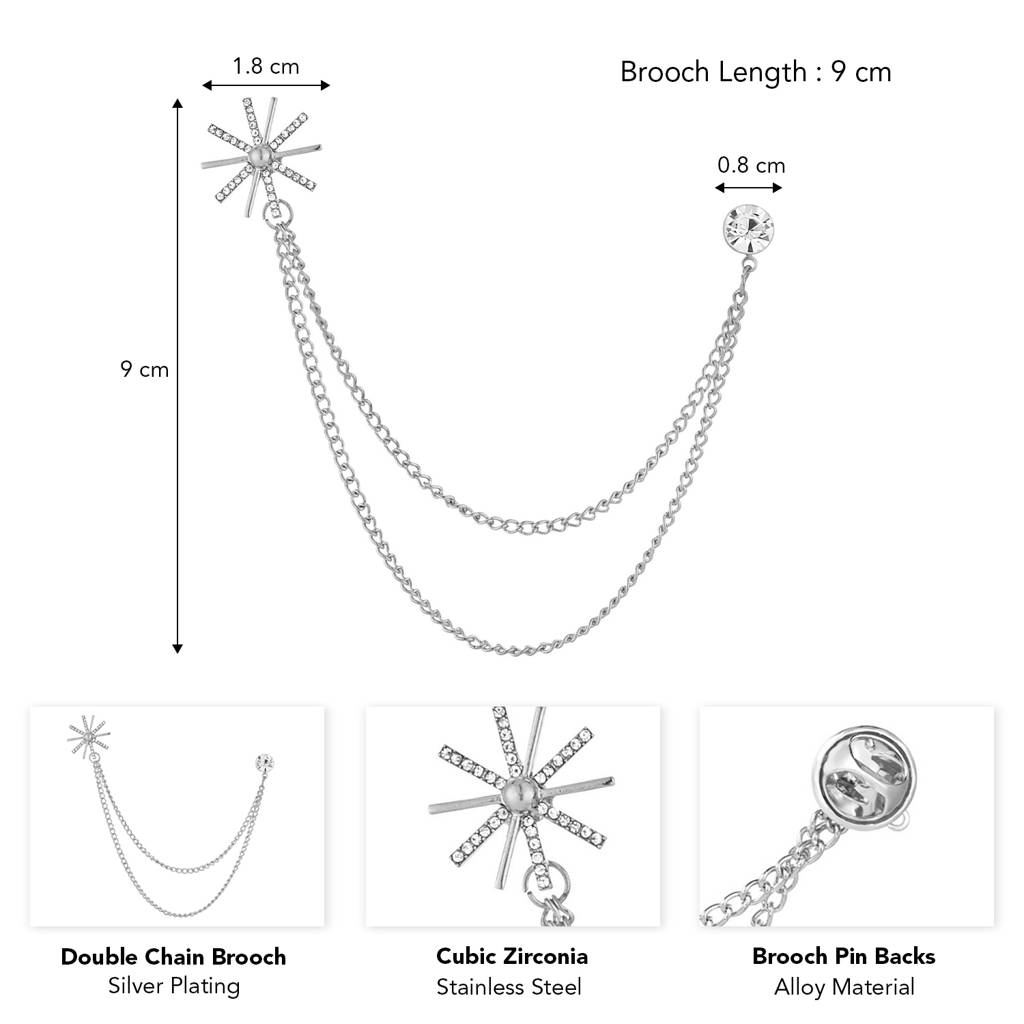 Silver Plated Cubic Zirconia Studded Elegant Double Chain Pin Brooch Jewellery For Men : PX9BH14S