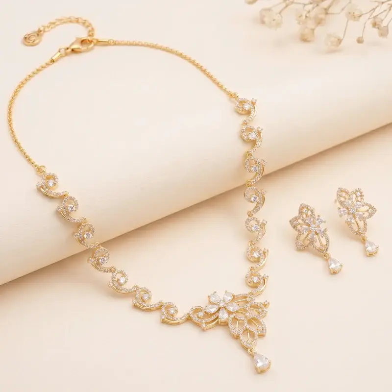 Cz Floral Statement Necklace Set | Grand Festive & Cocktail Jewellery : AD-937-IGWE-NKER