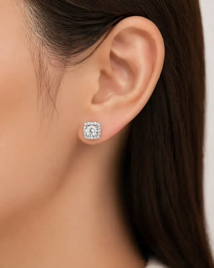 925 Sterling Silver Cushion Cut Halo Cz Stud Earrings : ER-40054-R