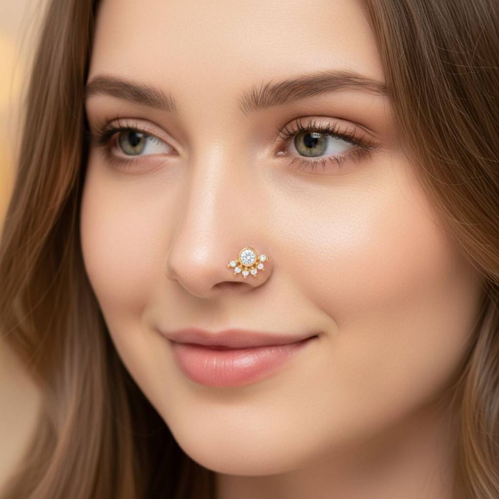 White Cz Floral Nose Pin 925 Gold Plated Sterling Silver : NP-00169_SW277_925S_YG_WCZ
