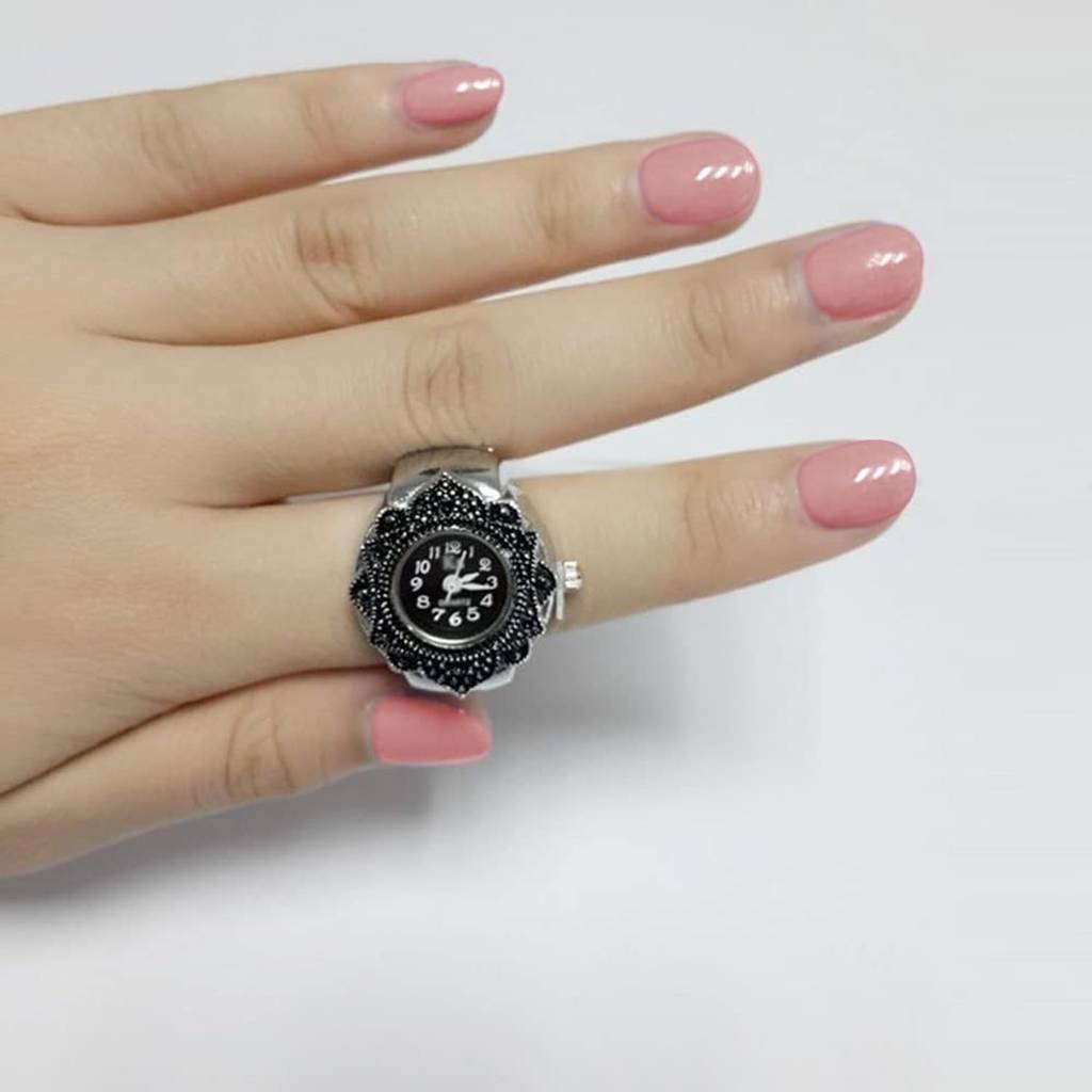 Stainless Steel Black Analog Watch Style Strechable Finger Ring Fancy Jewellery For Girls & Women (Free Size) : PX9RW07BL