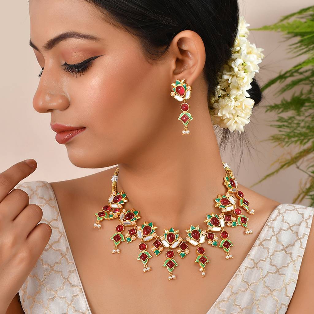 Forever More Green Enamel Tulips Red Stones And Pearls Jewellery Set : 8905124498165