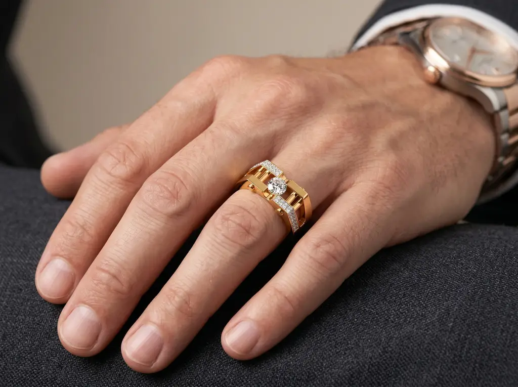 Round Brilliant Diamond Men'S Ring | Geometric Openwork Band Pavé Accents : RG-M-CC-33-YE-Silver925-LabD-9