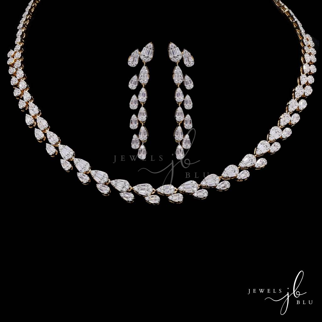 Anti Tarnish American Diamond Pear Drop Tennis Necklace Set With Earrings For Women | American Diamond Cz Wedding,  : 800015_2