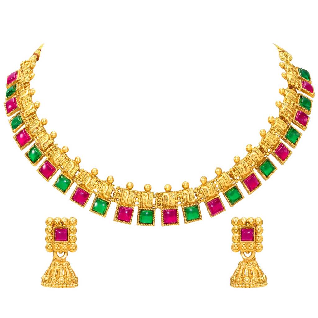 Ethnic Rani Pink Green Necklace Earrings Set For Women & Girls | Gold Plated | Faux Ruby Emerald Studded | Festiv : PF04N56RPG