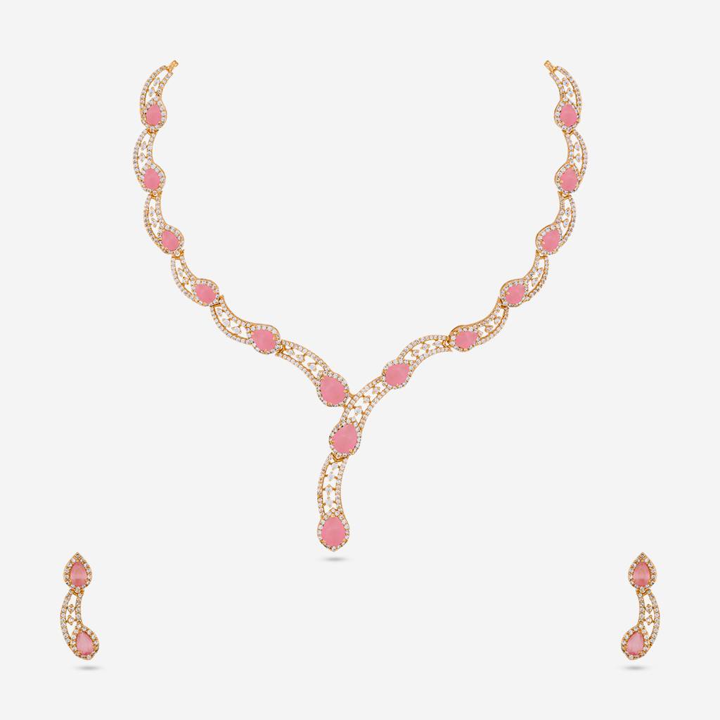 Gold-Rose - Plated Party Wear Zircon Necklace - 469485 : 469484
