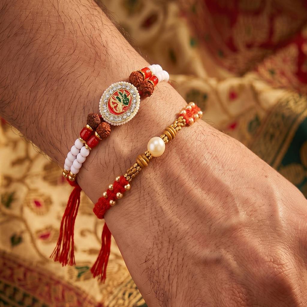 Rakhshabandhan Thread Rakhi For Brother Bhaiya Beads & Crystals Studded Red White Combo Set Of 2 Rakhi Hamper Roli : R07C38-S2
