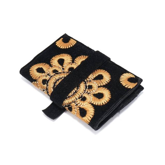 Embroidered Jewelry Roll, Black Soft Suede Fabric With Copper Badla Thread Work, Travel Jewelry Case With Tie Clo : LM1033-Blk
