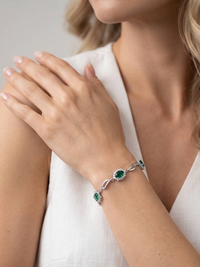 925 Silver Emerald Celestine Halo Bracelet For Women : BR-79