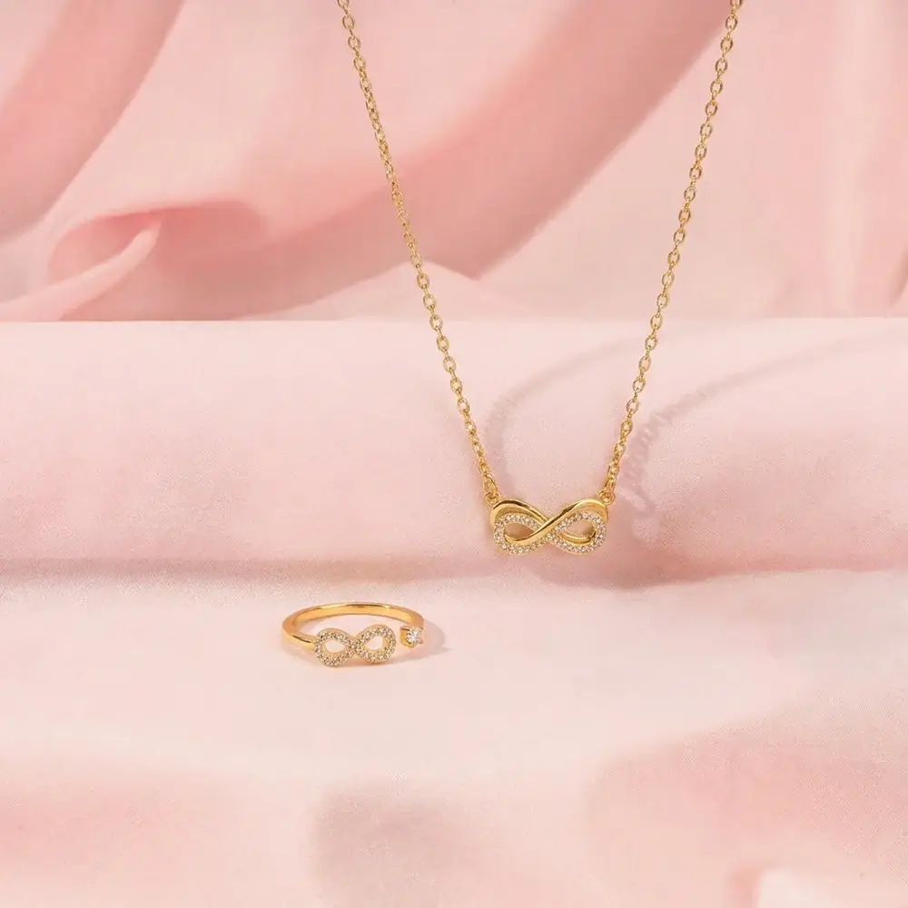 Infinity Mother'S Love Golden Crystal Necklace And Ring Set For Mother. : NRC-253-G-2