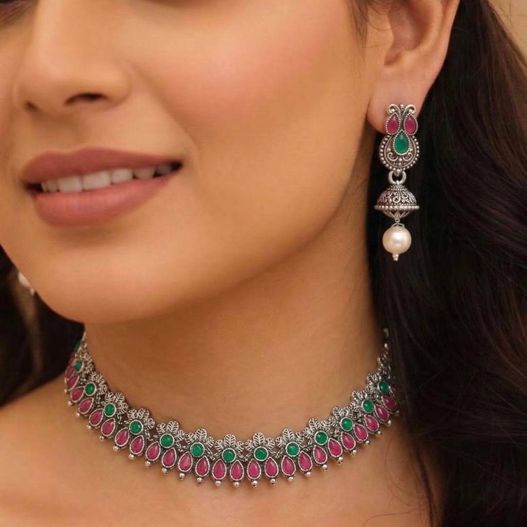 Women'S Silver Plated Ethnic Pink Necklace Earrings Set Crystal Studded Festive Jewellery Anniversary Birthday Gi : PF04N15RPG