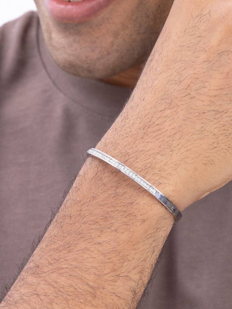 Mens White Zircon Openable Bangle Bracelet 18K Plated Anti-Tarnish : AHM0126B634S_M