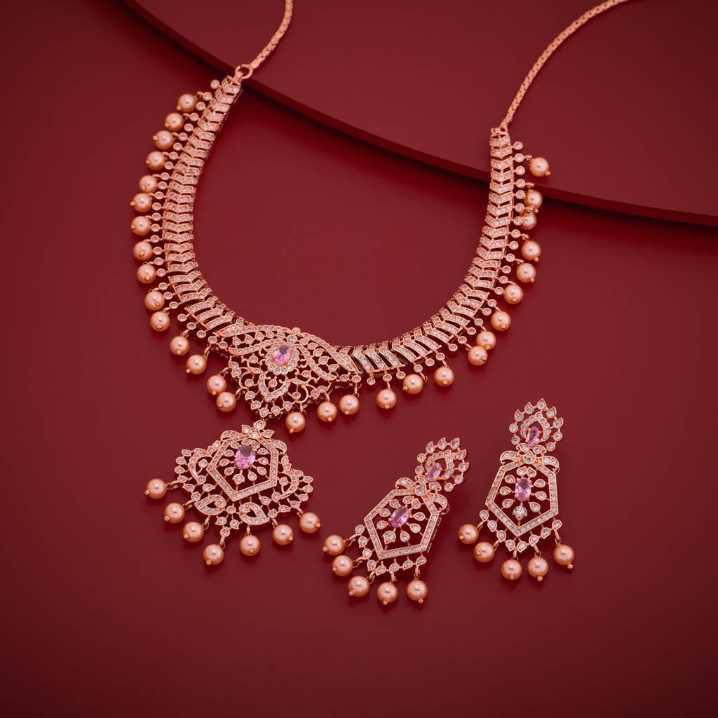 Rose Gold - Plated Bridesmaid Zircon Necklace - 464957 : 464958