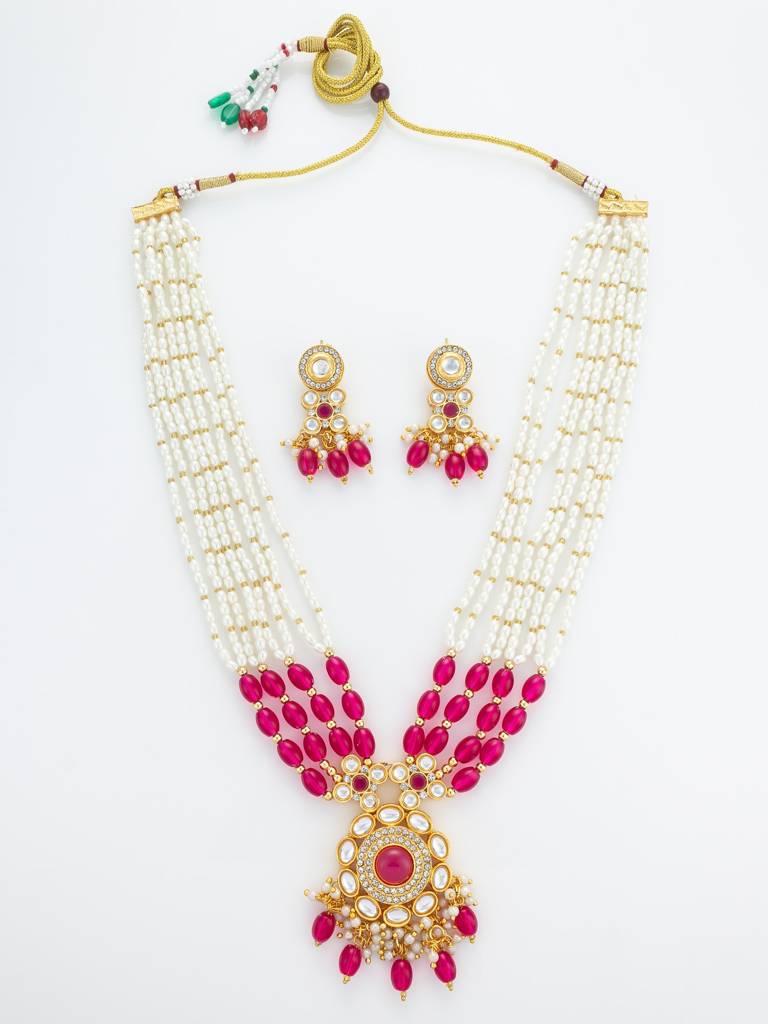 Gold Plated Multi-Strand Pearl & Pink Bead Necklace Set : NK4865