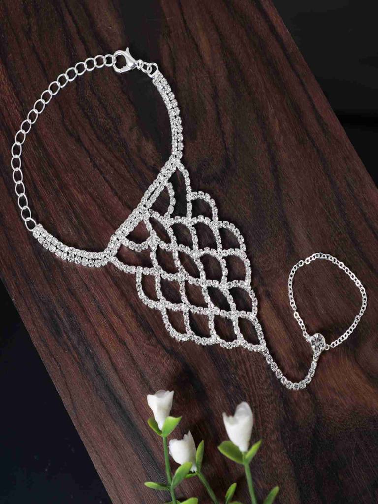Silver-Plated Crystal Studded Ring Bracelet For Wedding (Single Pc) : AYW0221B005