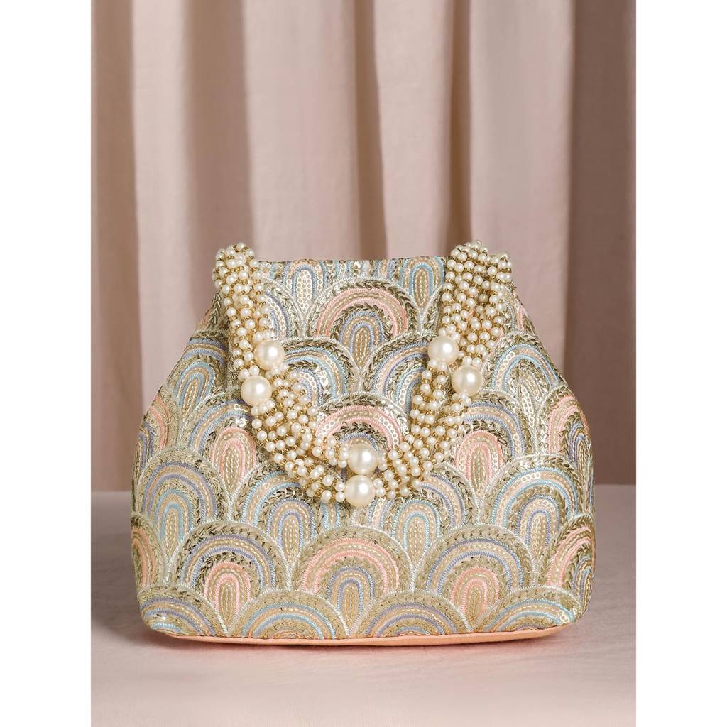 Sequins Motifs Potli Bag For Women Handmade Wristlet Handbag Stylish Bridal Purse Fashion Bag For Girls : P206PCH-L