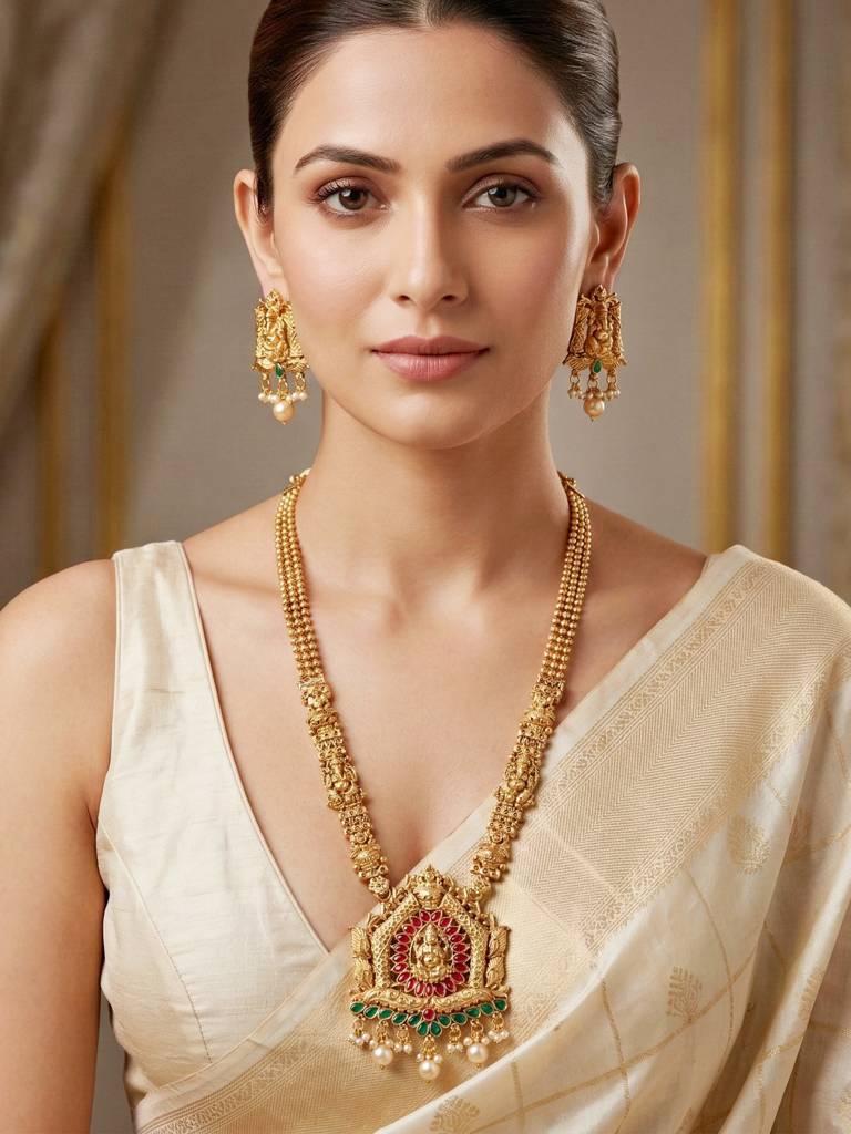 Gold-Plated Temple Jewellery Ganesh Idol Ruby & Green Color Necklace Set With Earrings For Women | Tradition : 660-G2SR-201-RG