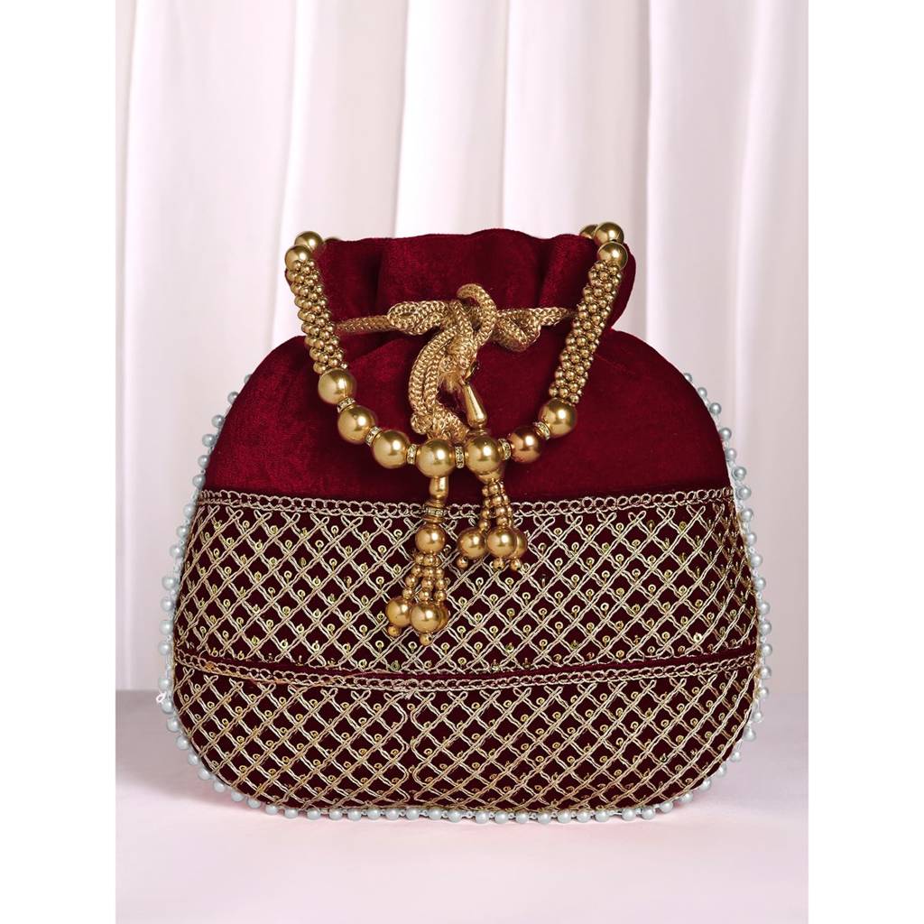 Zari Sequence Potli Bag With Beads Motif Handle For Women Handmade Handbag Stylish Bride Fashion Wristlet Bag For Girl : P197M-F
