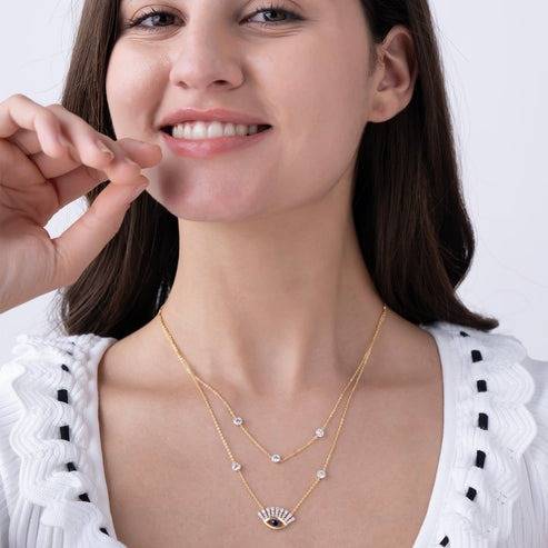 18K Gold Vermeil Layered Sunburst Eye Pendant Necklace With Cz Diamond : KNL0006-Gold
