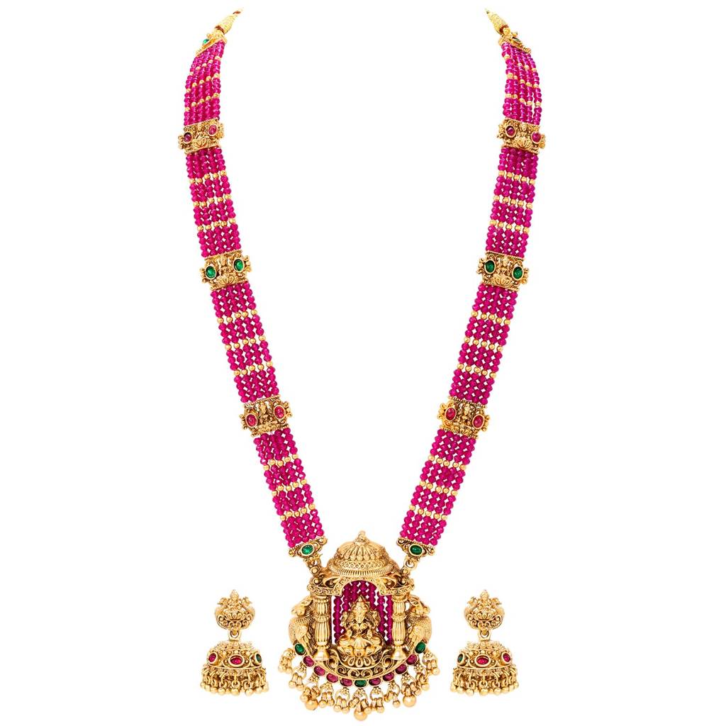 Laxmi Motif Green Rani Pink Long Necklace Earrings Set For Women : PF109N07RPG