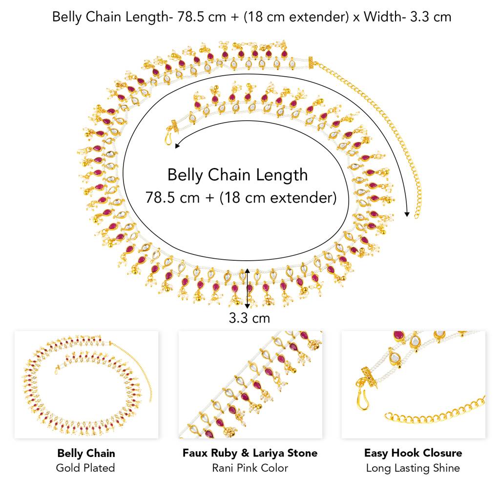 Gold Plated Rani Pink Faux Ruby Crystals & Beads Studded Ethnic Belly Chain Kamar Patta Kamar Bandh Jewellery Fo : PF104BCH05R