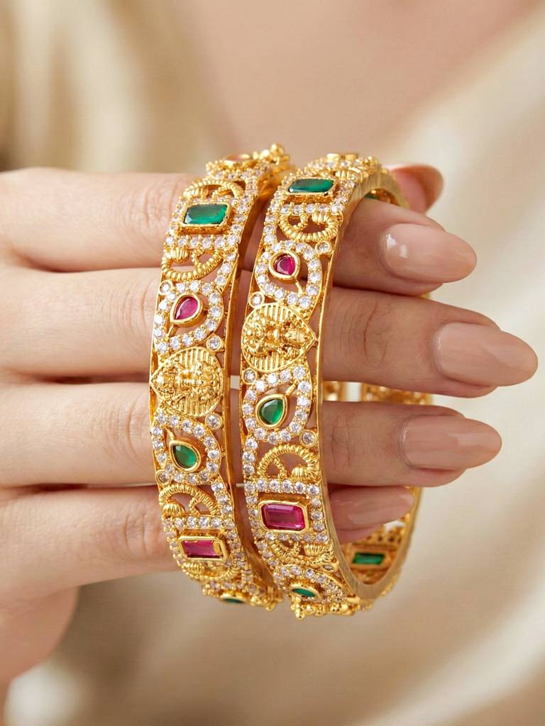 Gold Plated Laxmi Ji Idol Ad Stone Bangle For Women With Pink & Green Stones | Traditional Temple Weddin : 1599-C1BG-2225-2-24