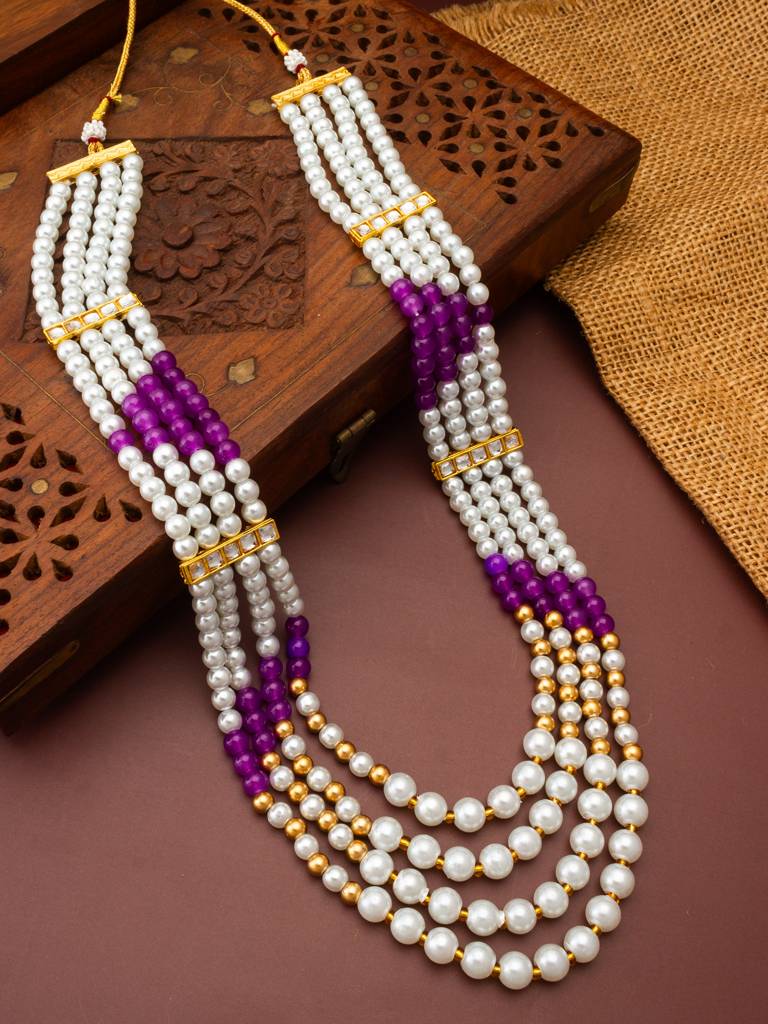 Five-Strand White Pearl And Bead Long Necklace : NK4340