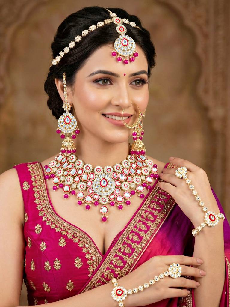 Bridal Kundan Jewellery Set With Hathphool & Nath : 2541-IZK-554-R