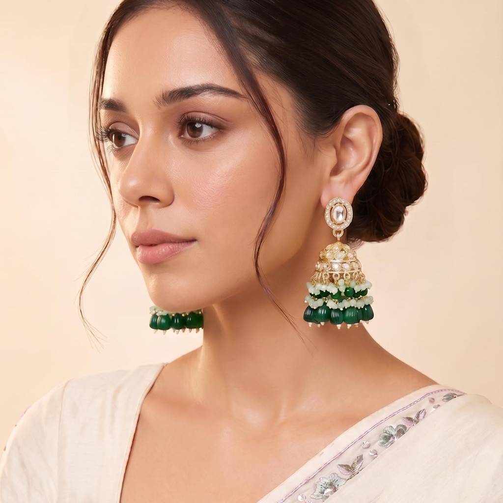 Gold Plated Green Kundan & Beads Studded Jhumka Earrings For Women : PF09E849GRN