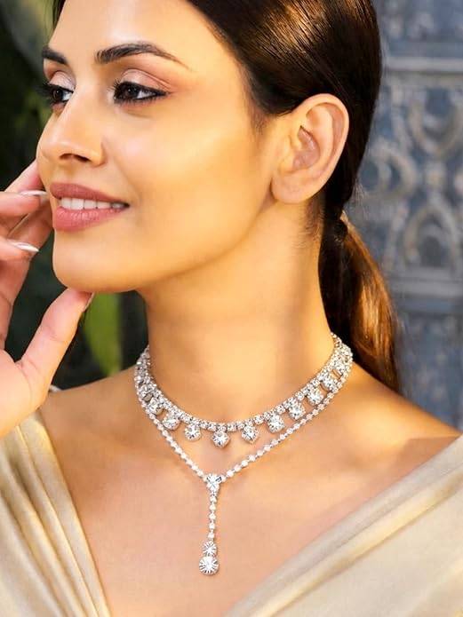 Stylish Silver Plated Sparkling Necklace For Women & Girls Set Of 2 : PX9N239S