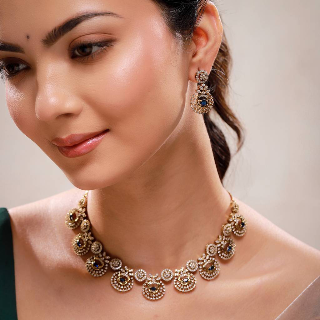 Sparkling Elegance Midnight Royale Cz Necklace Set For Women | Stylish Statement Mehendi Jewellery Set For Wom : 8905124582956